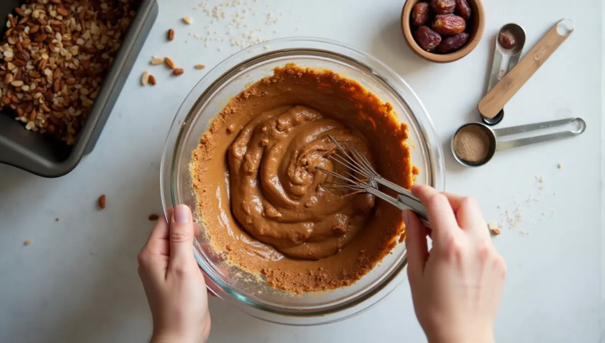 Baker preparing Date Nut Bread batter using plant-based ingredients and kitchen tips