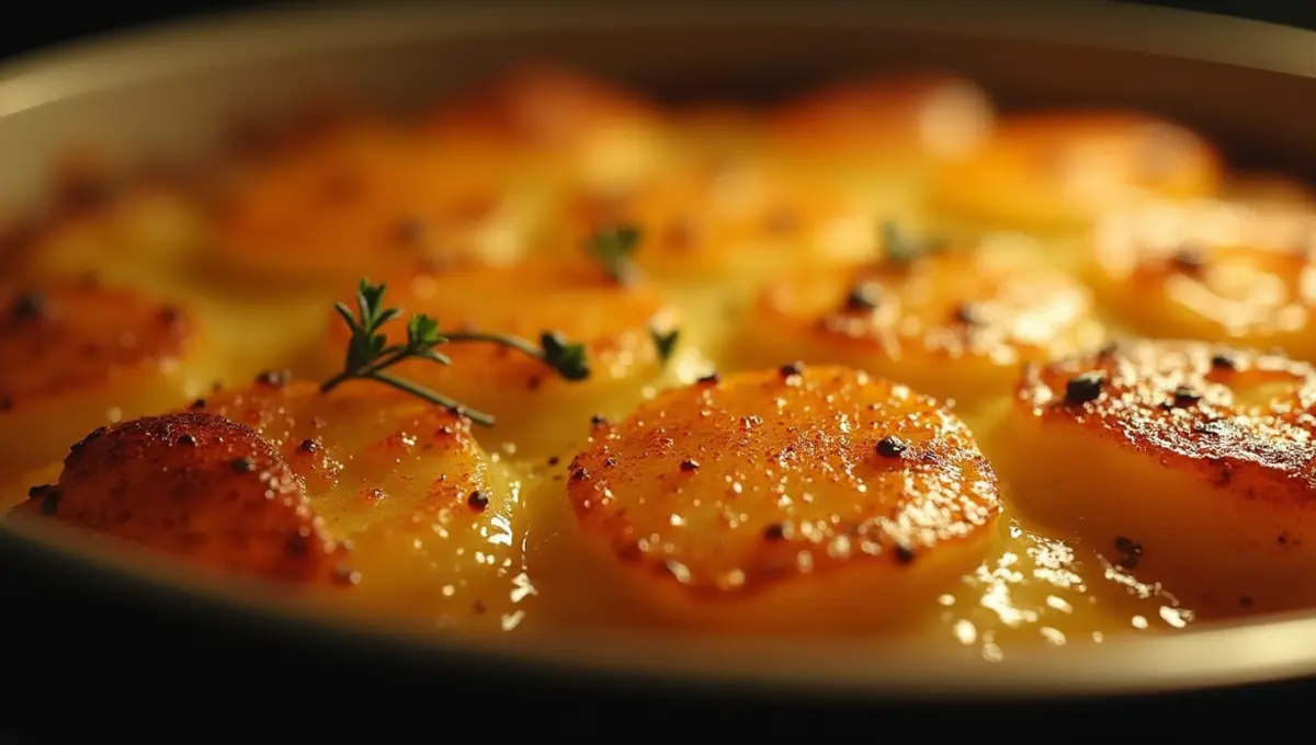 Uncovered Onion Potato Casserole baking in the oven for crispy top