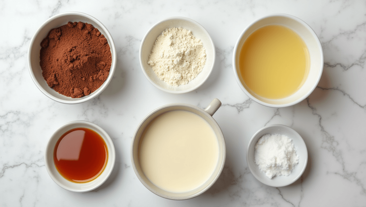 Vegan ingredients for Chocolate Cobbler including cocoa, almond milk, and maple syrup