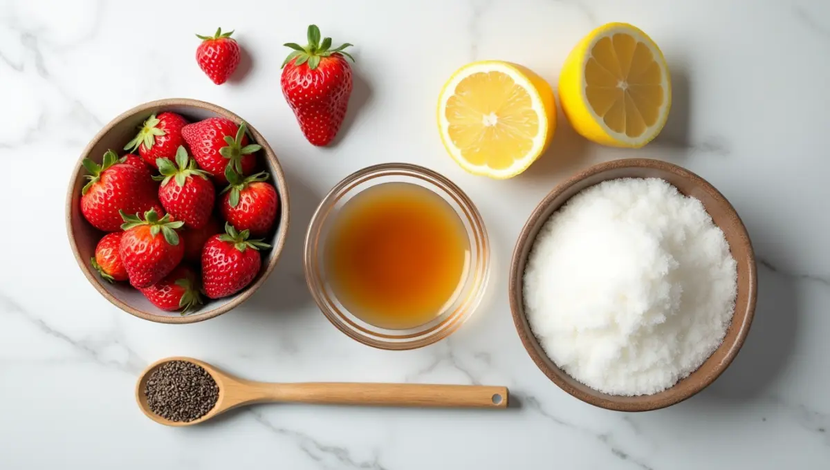 Natural ingredients for Strawberry Preserves including fresh strawberries, lemon, and maple syrup