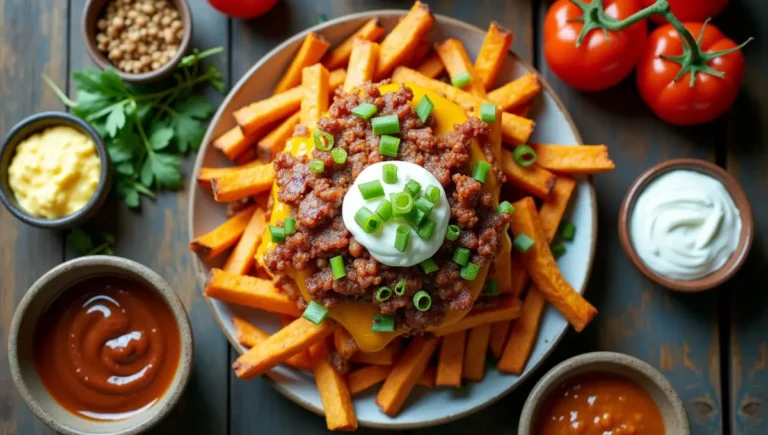 Plant-based Loaded Fries topped with vegan sauces and colorful toppings