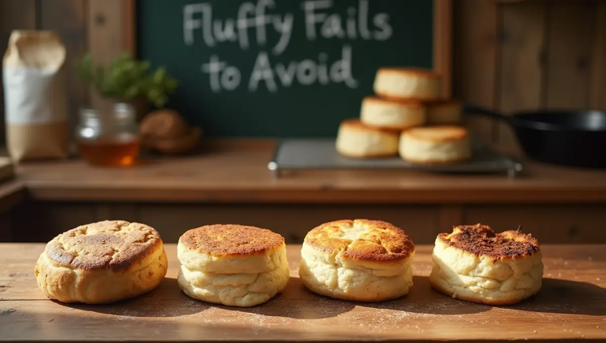 Rustic kitchen table with four einkorn English muffins showing baking mistakes: dense, doughy, dry, and burnt. A stack of perfect, fluffy muffins sits in the background next to a bag of einkorn flour and a skillet.