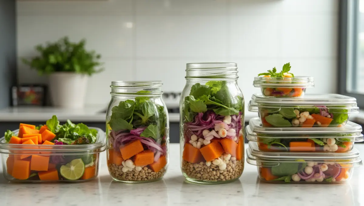 Meal prep and storage options for Costco Butternut Squash Salad in jars and containers