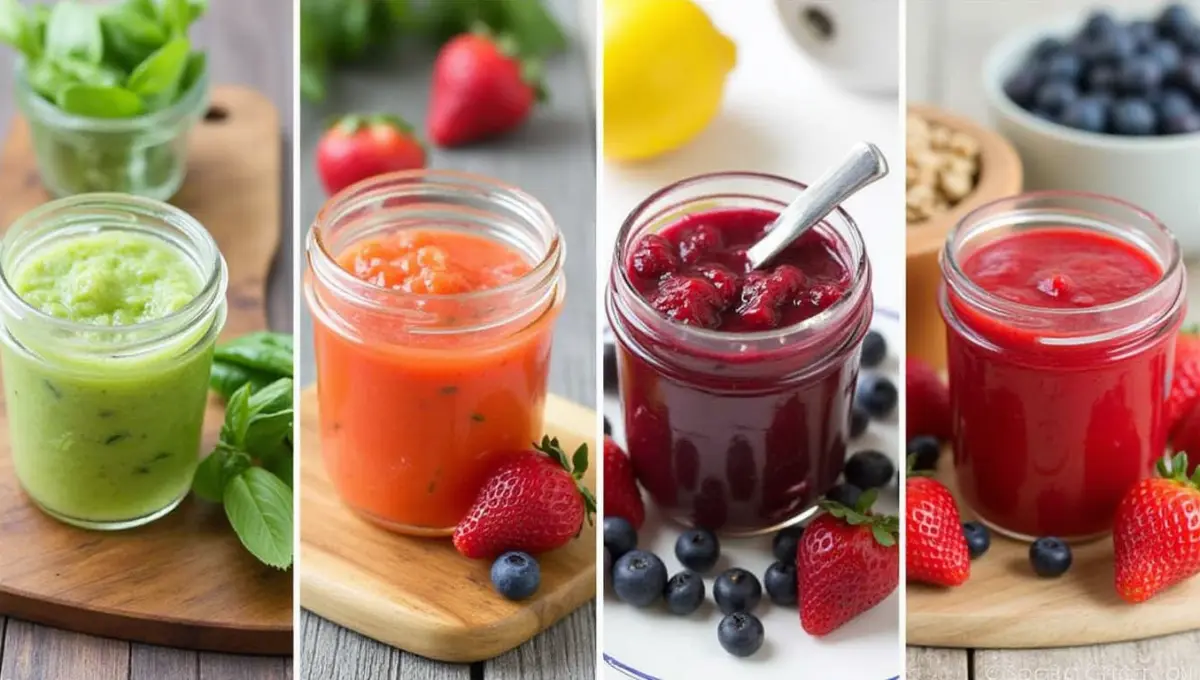 Different strawberry freezer jam variations in jars with herbs and fruits
