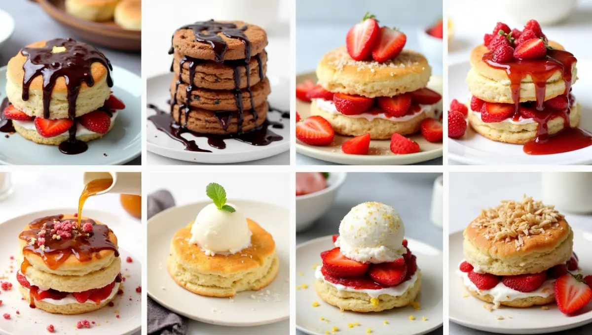 Eight vegan variations of Bisquick Strawberry Shortcake including caramel, chocolate, and coconut toppings