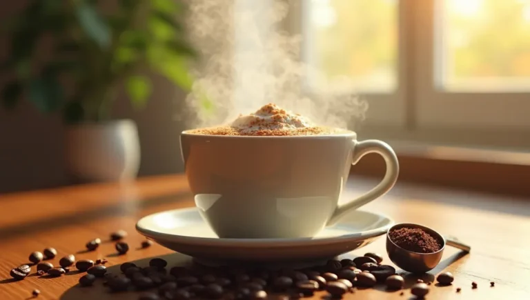 A steaming cup of protein coffee recipe with protein powder and coffee beans on a rustic wooden table.