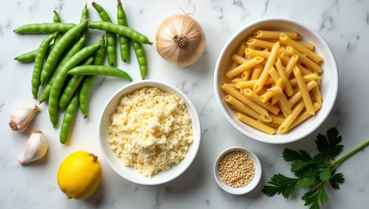 Plant-based ingredients for Pasta and Peas recipe on a kitchen counter