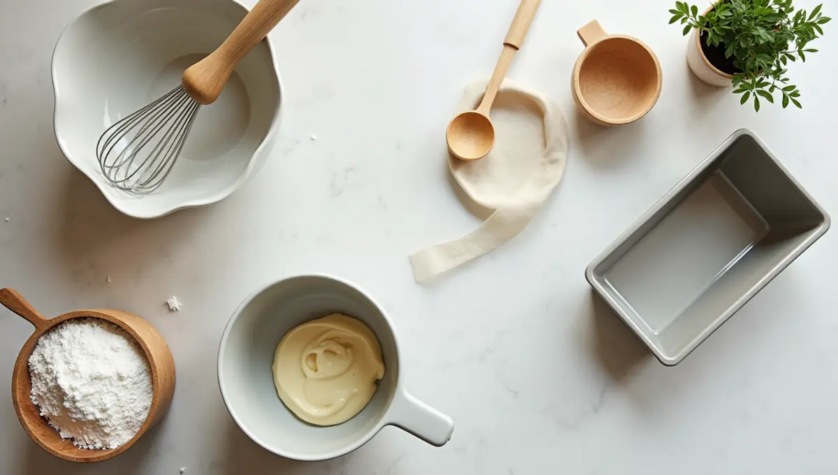 Tools needed to bake Betty Crocker Banana Bread including bowl, pan, and whisk