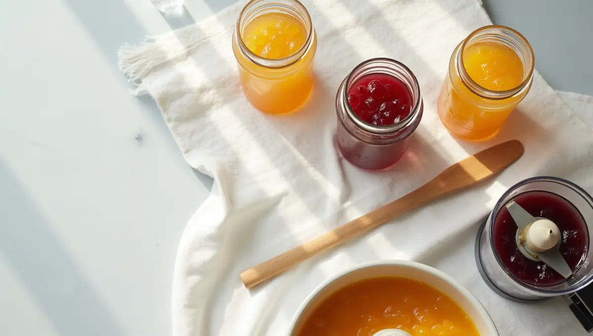 Tools for making Strawberry Freezer Jam including jars and blender
