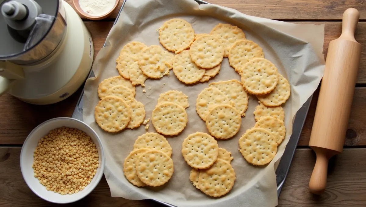 Tools for making Cheez It Crackers including baking sheet and food processor
