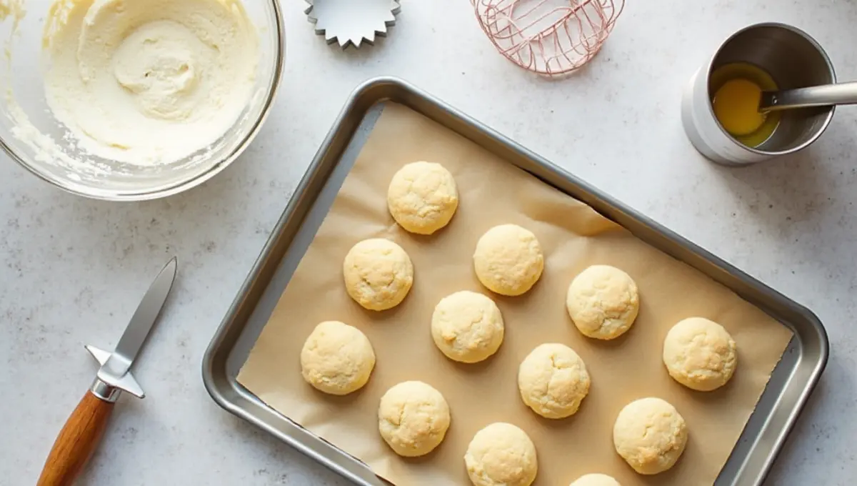 Baking tools used to make Bisquick Strawberry Shortcake including mixing bowl, baking tray, and pastry cutter