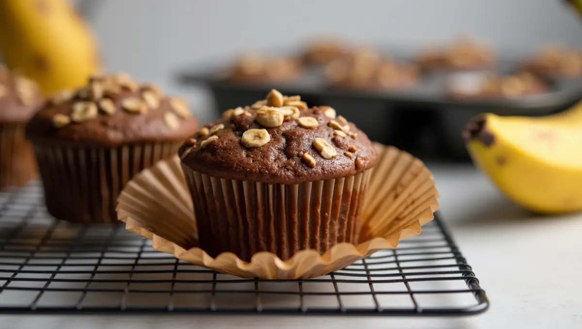 Close-up of a chocolate banana egg oatmeal muffin on a cooling rack with ripe bananas and silicone liners, showcasing expert baking tips.