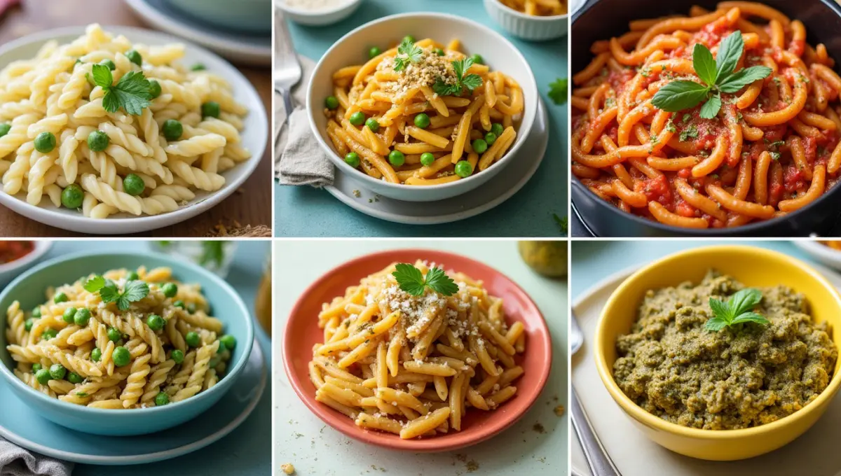 Five different plant-based Pasta and Peas recipe styles in colorful bowls