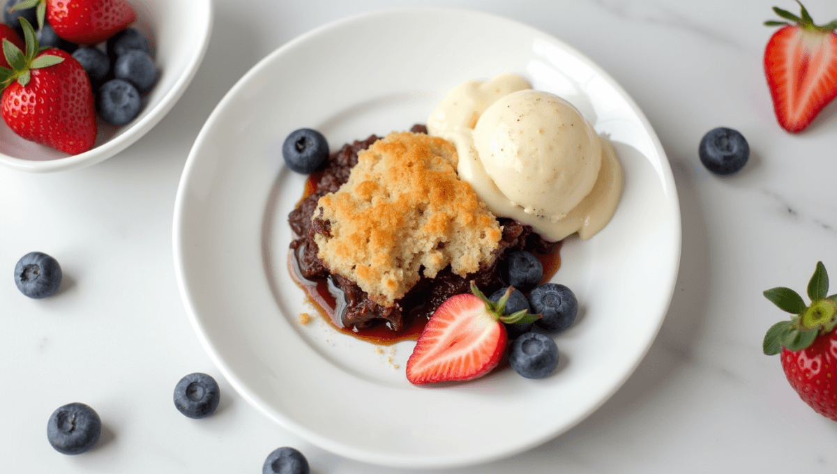 Single serving of healthy Chocolate Cobbler with a plant-based twist