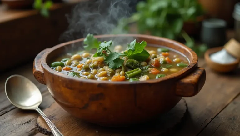 A steaming bowl of hearty swamp soup with vegetables, lentils, and greens, served on a rustic wooden table.