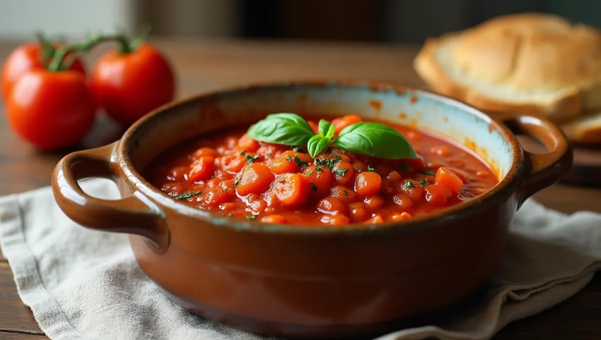 Tomato gravy served over vegan biscuits and veggies on a cozy brunch table