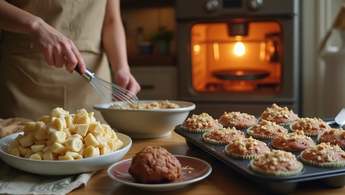 Baking chocolate banana egg oatmeal muffins, showing mashed bananas in a mixing bowl and batter in a muffin tray in a cozy kitchen.