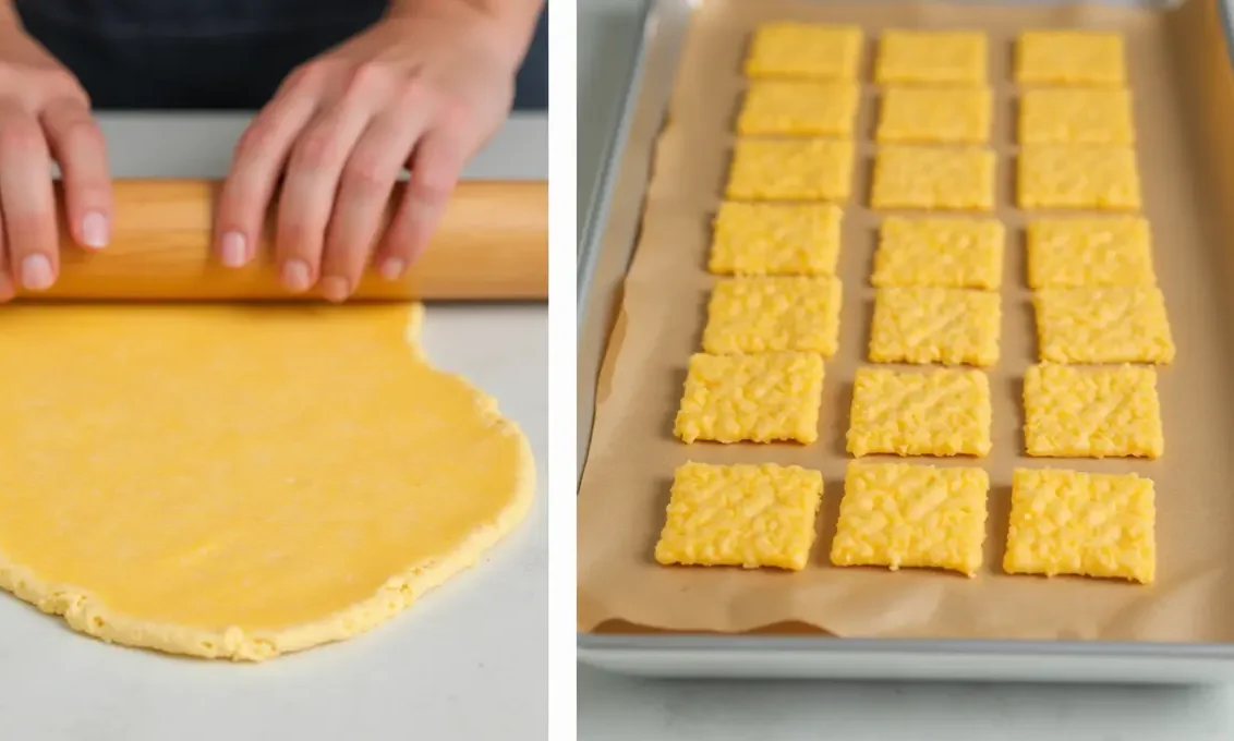 Step-by-step process of making Cheez It Crackers from rolling to baking
