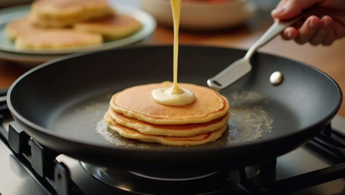 Making vegan Cracker Barrel Pancake in steps: from batter to golden stack