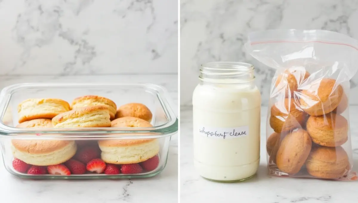 Storage containers and whipped coconut cream for preserving Bisquick Strawberry Shortcake