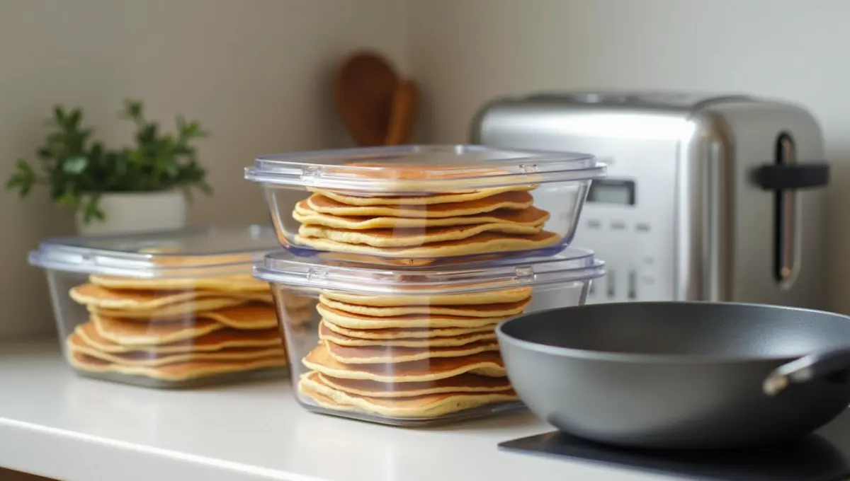 Stored and reheated vegan Cracker Barrel Pancake using meal prep containers