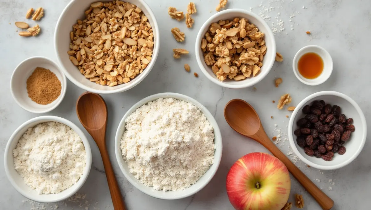 Apple Coffee Cake ingredient swaps including almond flour, walnuts, raisins, and coconut sugar