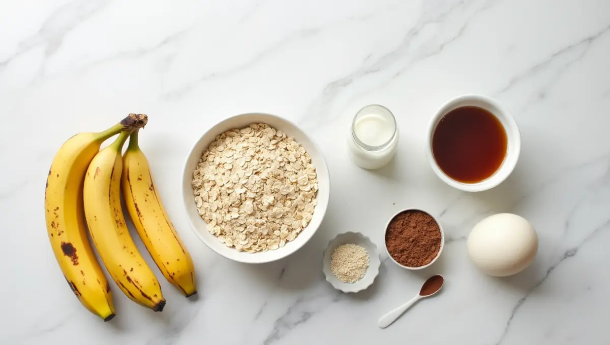 This minimalistic flat-lay image showcases the wholesome ingredients for chocolate banana egg oatmeal muffins, neatly arranged on a white marble countertop. Featuring ripe bananas, rolled oats, cocoa powder, maple syrup, almond milk, coconut oil, and a flax egg, the bright and airy composition highlights the simplicity and purity of this plant-based recipe, perfect for gluten-free and vegan baking enthusiasts.