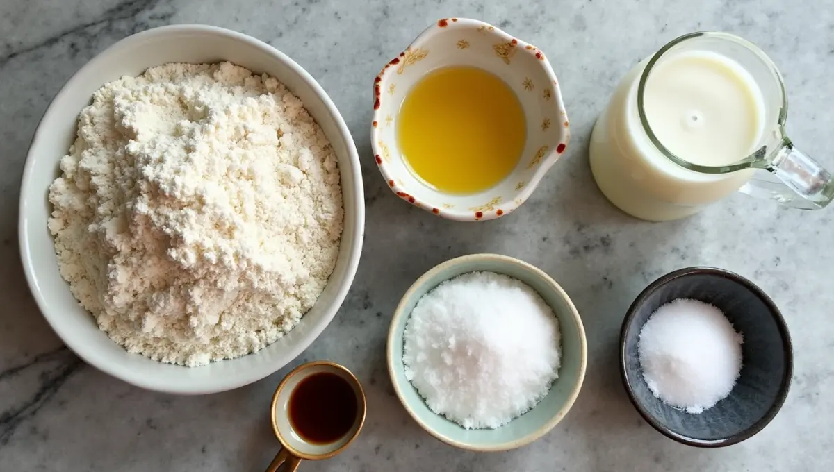 Ingredients for Mini Vanilla Sponge Cake including flour, almond milk, and vanilla
