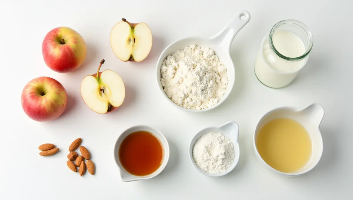 5 plant-based ingredients for Apple Coffee Cake recipe on white background