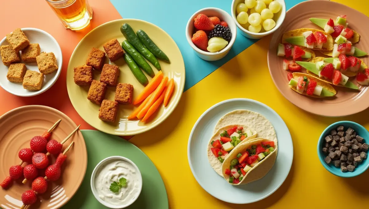 Colorful plant-based meals arranged to attract picky eaters with small plates and dips
