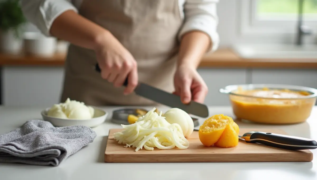 Mandoline slicer, baking dish, and tools for Onion Potato Casserole prep