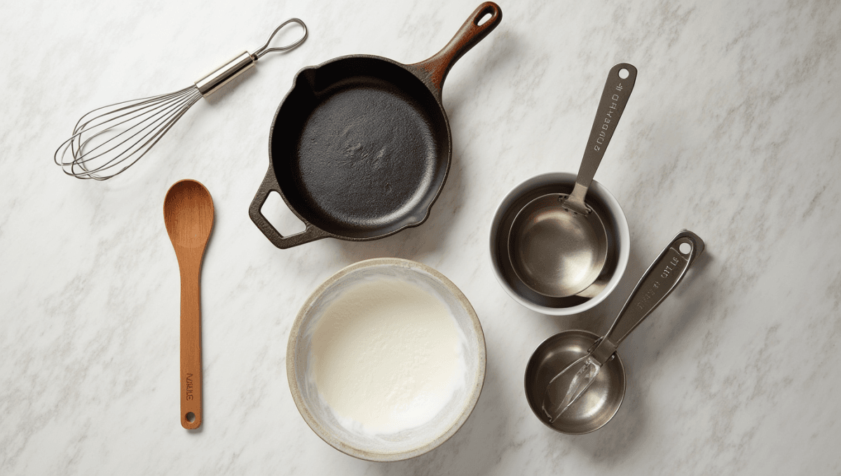 Baking tools needed to prepare Chocolate Cobbler including skillet, whisk, and bowls