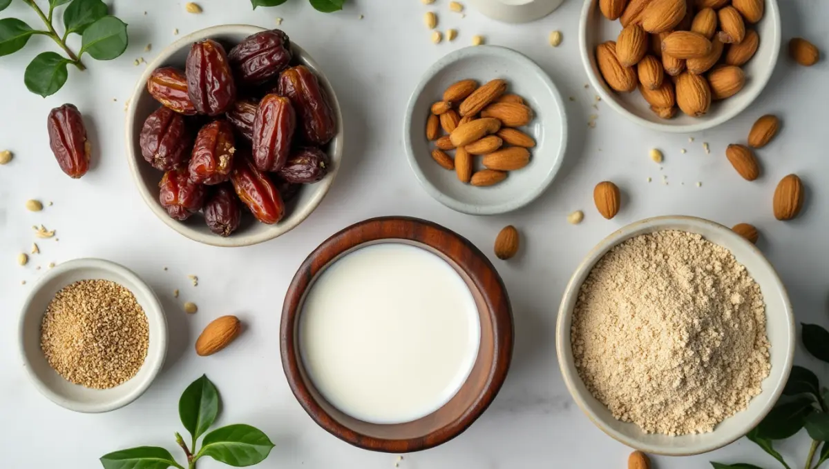 Plant-based ingredients for Date Nut Bread including walnuts, dates, flaxseed, and almond milk