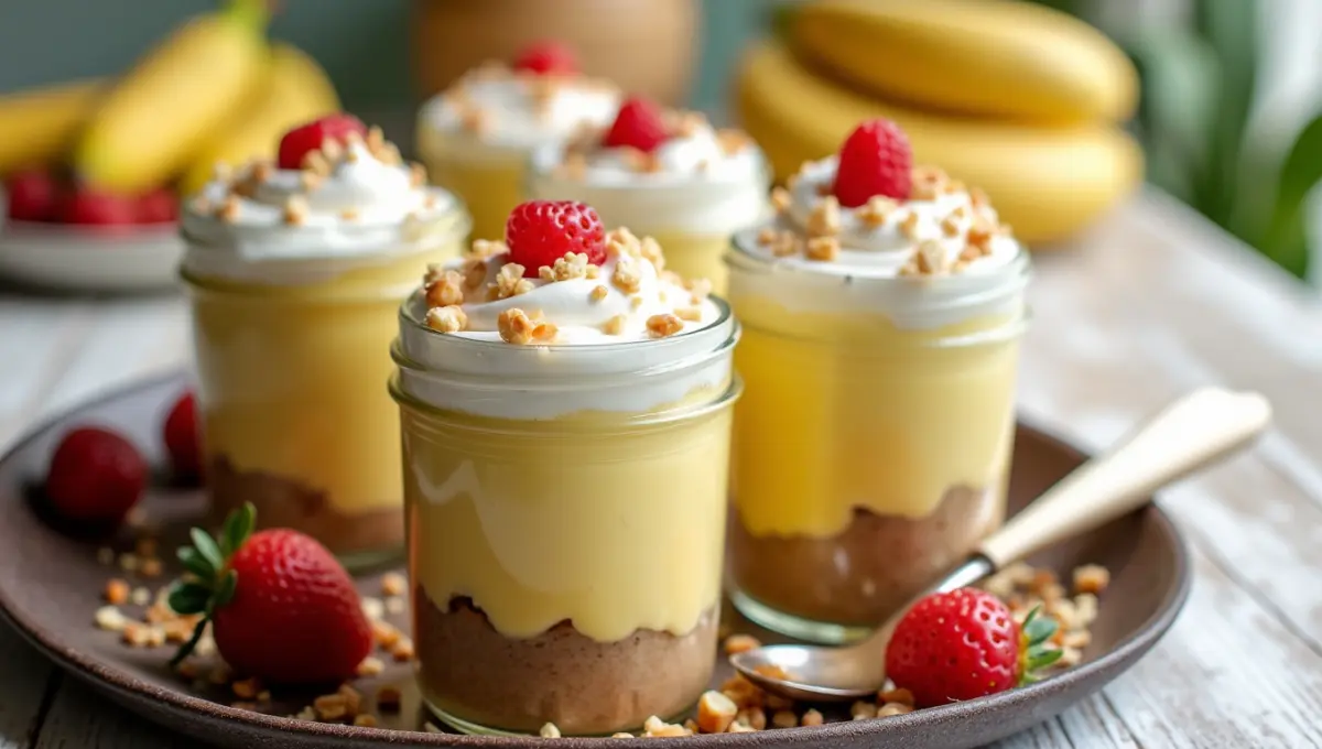 Decorated banana pudding jars with coconut cream and fruit garnishes served for a party