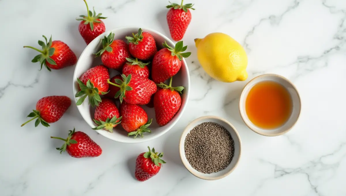 Ingredients for Strawberry Freezer Jam including fresh strawberries and chia seeds