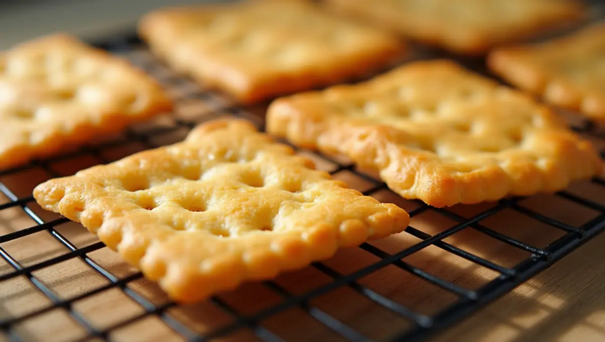 Crispy golden Cheez It Crackers cooling on a rack after baking