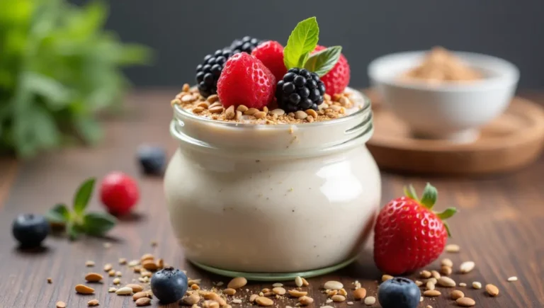 Protein pudding in a jar with fresh toppings like berries and seeds