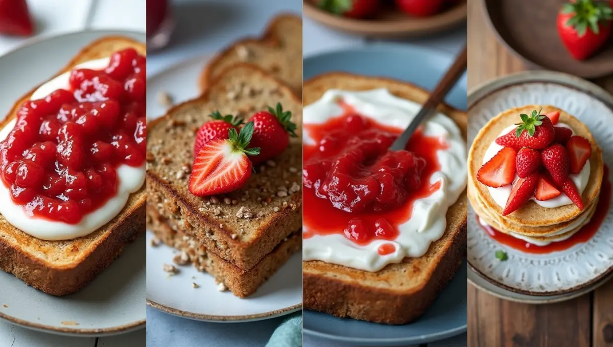 Plant-based serving ideas for Strawberry Freezer Jam including toast and oatmeal