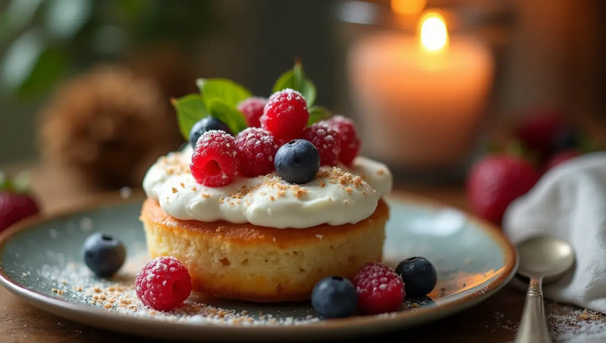 Mini Vanilla Sponge Cake topped with coconut cream and berries