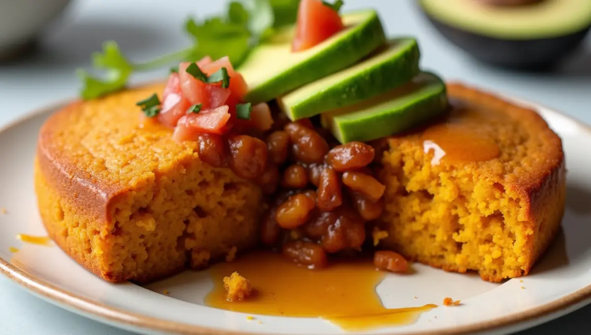 Sweet Potato Cornbread served with chili and plant-based toppings