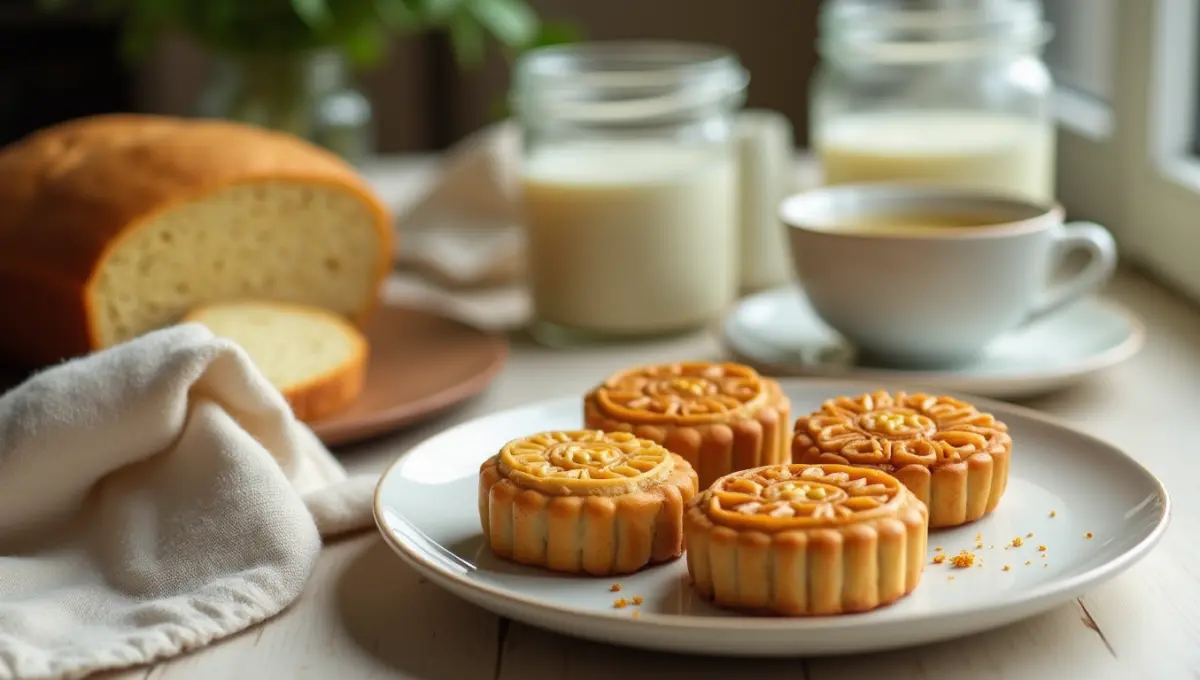 Serving plant-based Mooncake and Bread with almond milk and tea