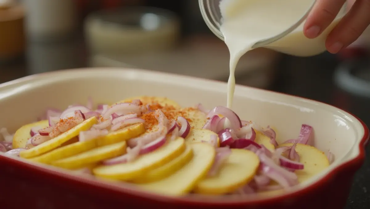 Layering sliced potatoes and onions to make Onion Potato Casserole