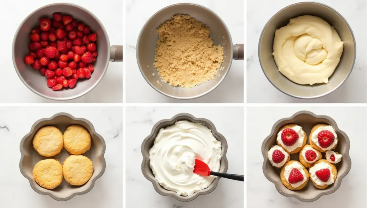 Steps to make Bisquick Strawberry Shortcake including strawberries prep, dough mixing, and whipped coconut cream