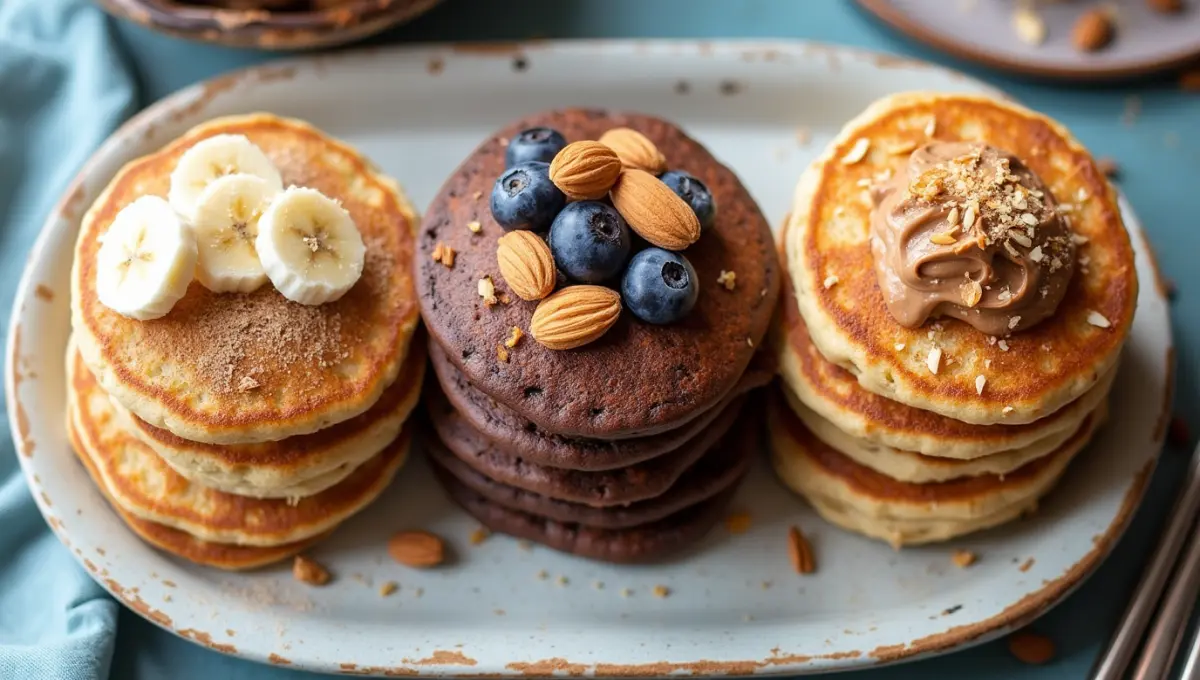 Three plant-based Cracker Barrel Pancake variations: banana, blueberry, chocolate