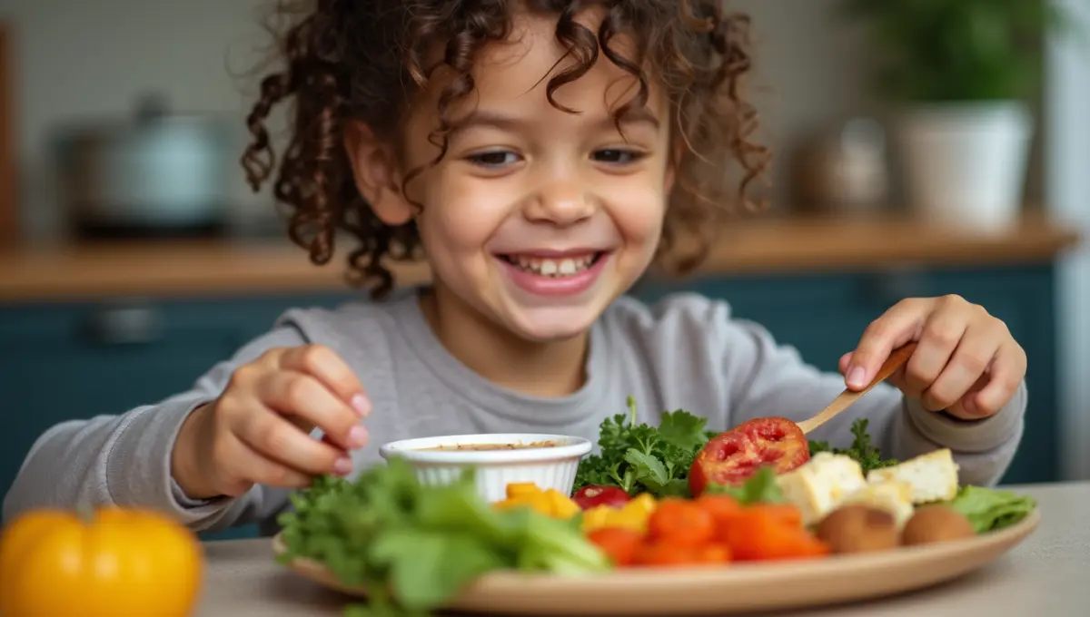 Child preparing a colorful and healthy plant-based meal tailored for picky eaters