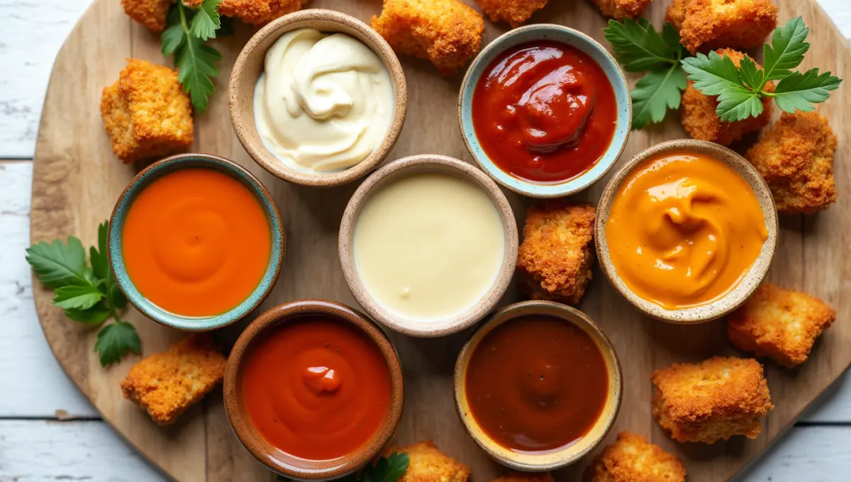 Assorted Sauces for Chicken displayed with tofu and seitan on a clean plate