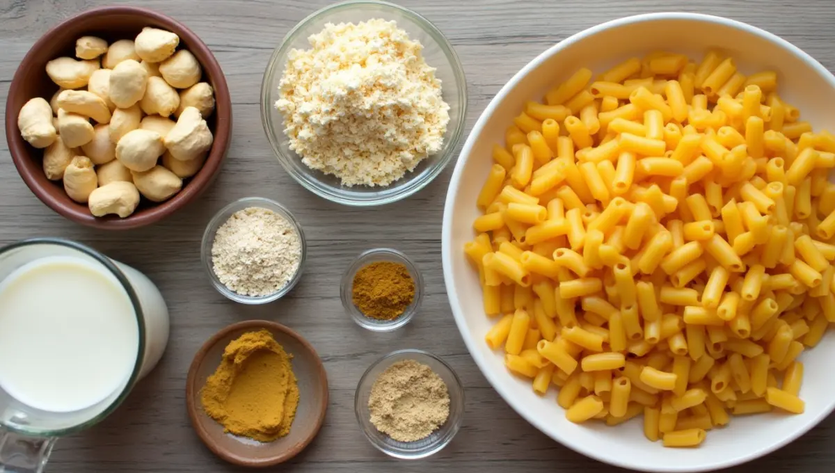 Essential ingredients for Union Mac including cashews, pasta, and oat milk