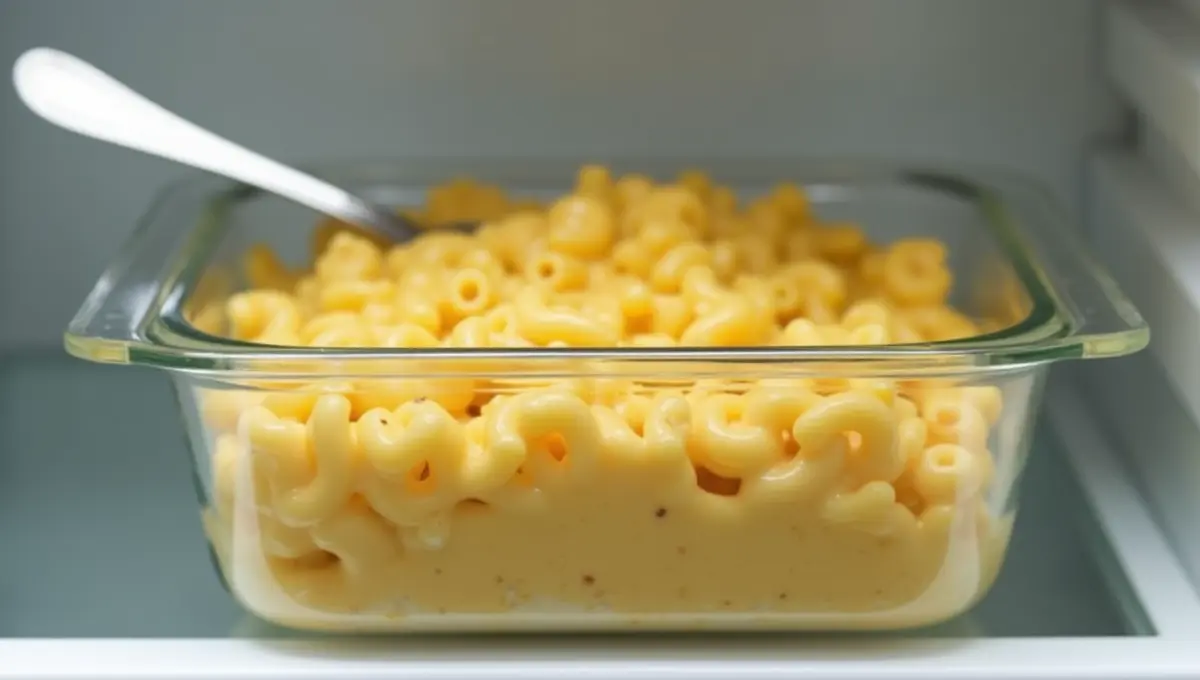 Leftover Union Mac in a glass container for vegan storage and reheating tips