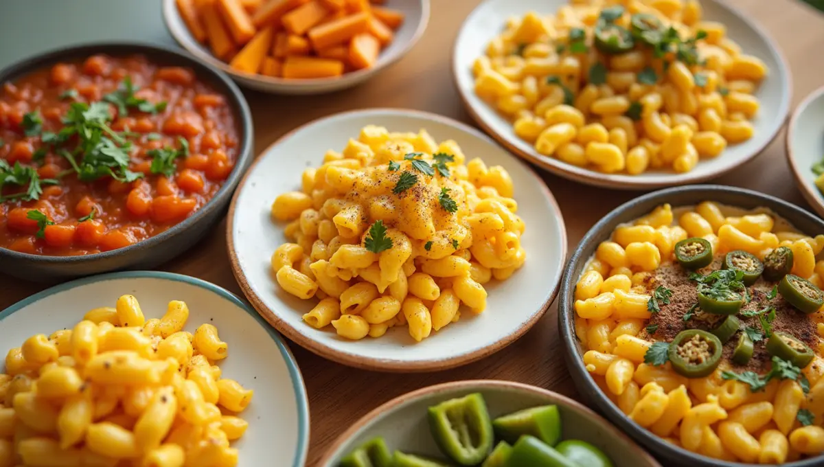 Seven versions of Union Mac featuring plant-based flavors like paprika, squash, and jalapeños