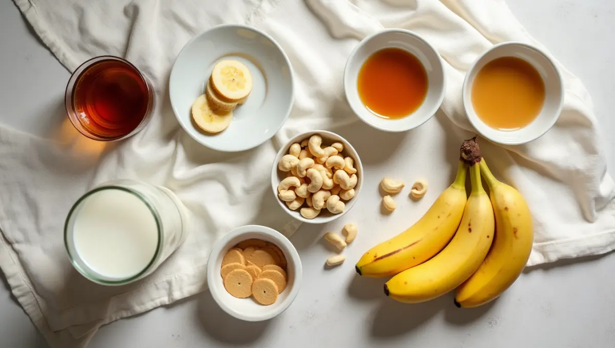 Ingredients for banana pudding including coconut milk, bananas, vegan wafers, and maple syrup